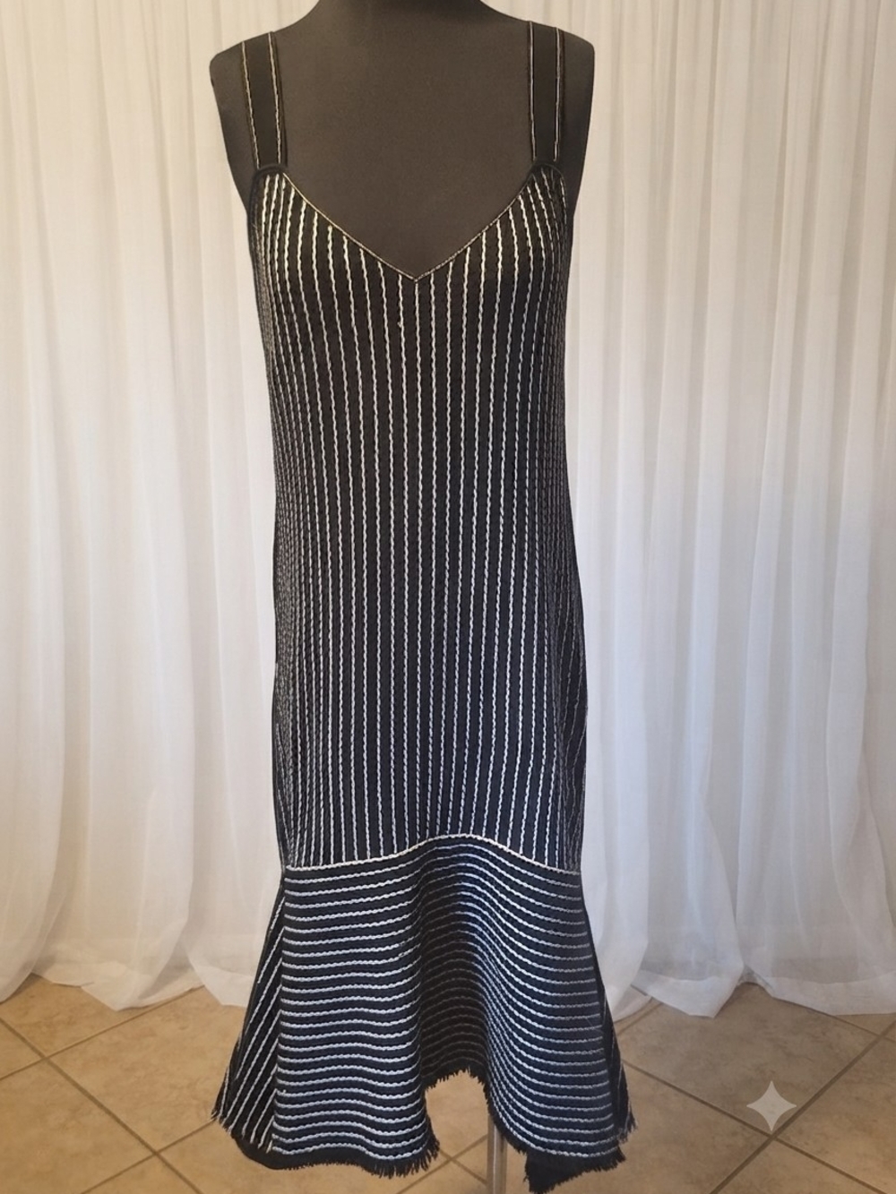 Derek Lam 10 Crosby asymmetrical dress featuring a black and white striped hem.